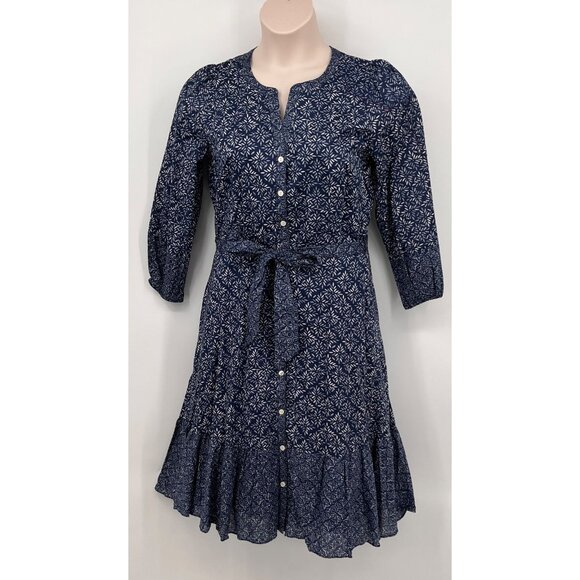 Talbots Flounce Hem Dress Size 10 Navy Blue Button Front Belted Ruffle Cotton - Picture 1 of 11